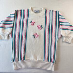 Bay Point Threads Vintage 1980's Flowers Striped Pink Blue Sweater Size Medium